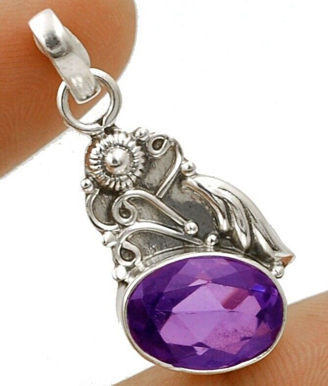 4CT Natural Amethyst 925 Solid Sterling Silver Pendant 1 1/2" Long @4-1