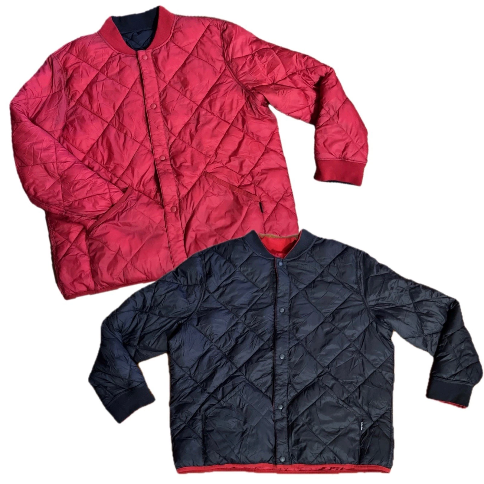 Calvin Klein Men XL Quilted Reversible Puffer Jacket Black & Red Snap Button EUC