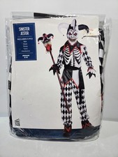 Kids Jester Costume Mask Adult Scary Red Eye Clown Suit Halloween Sz 8-10 New