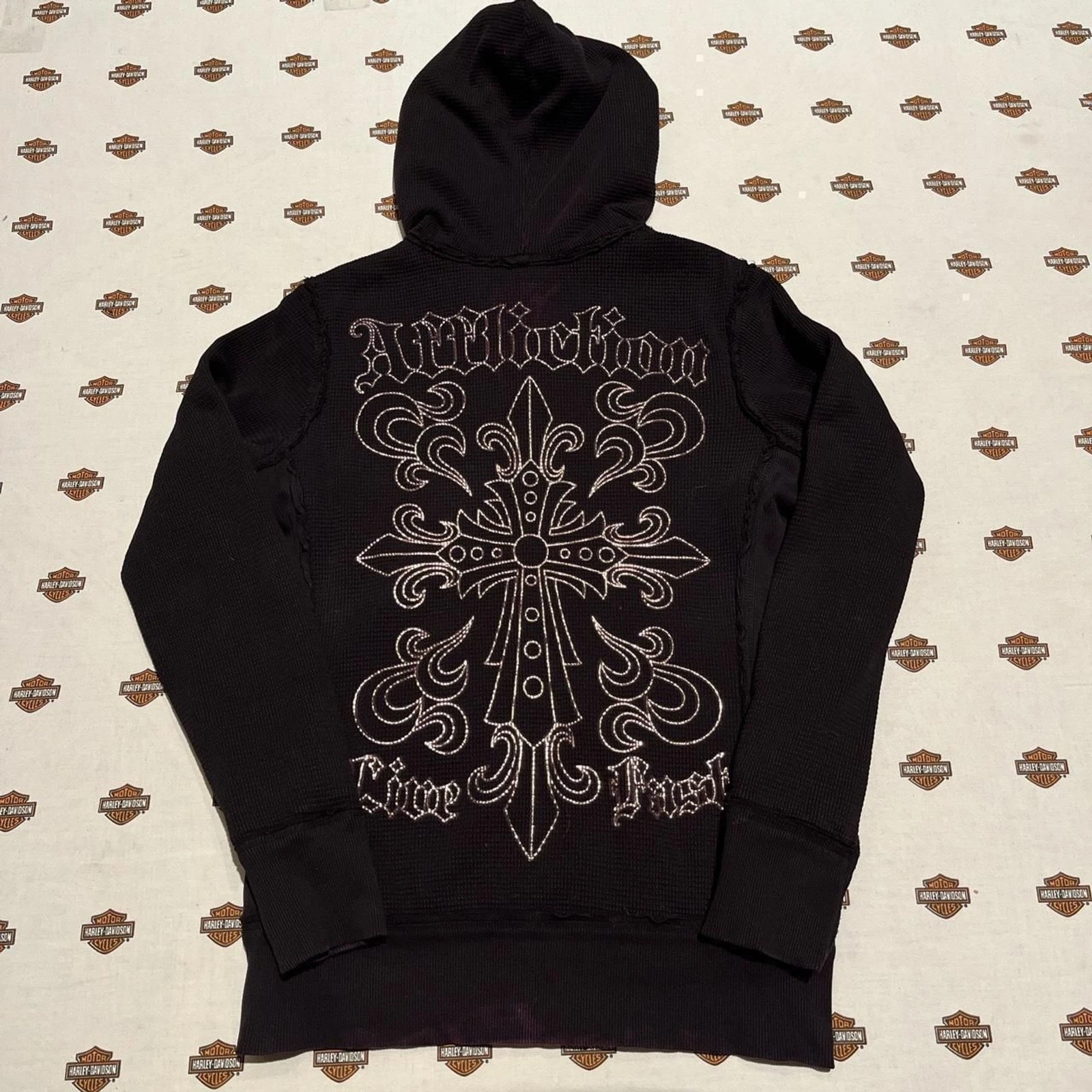2000s Archaic Affliction Dark Purple & Obsidian Black Ribbed Knit Thermal Hoodie