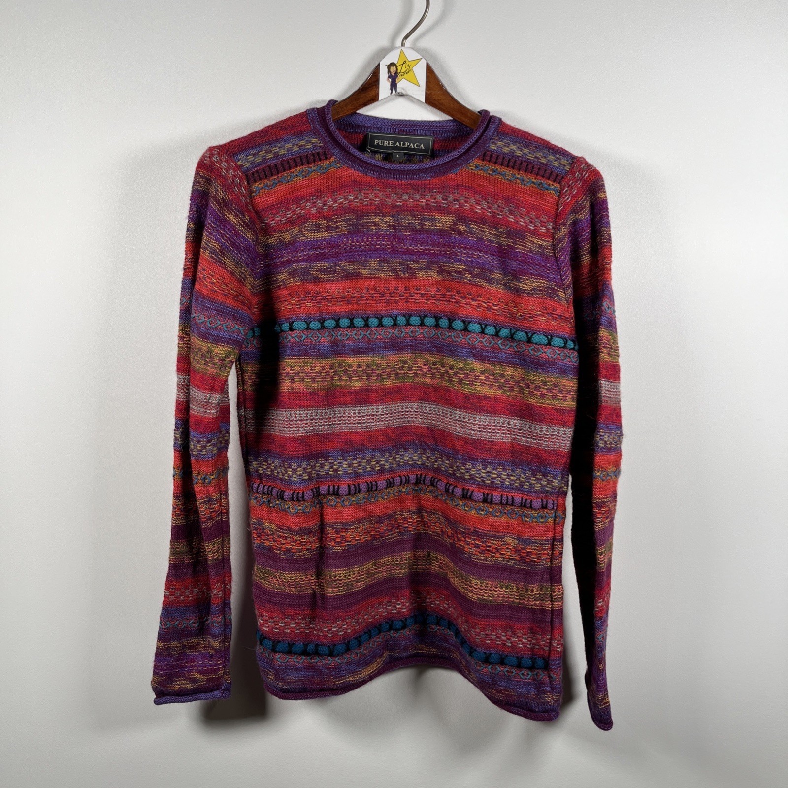 100% Pure Baby Alpaca Wool Sweater Hand Loomed Vivid Colorful  Peru Size Large