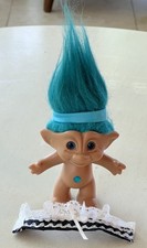 Vintage Ace Novelty Troll Doll Blue Hair Diamond Gem Belly Wish Treasure Trolls