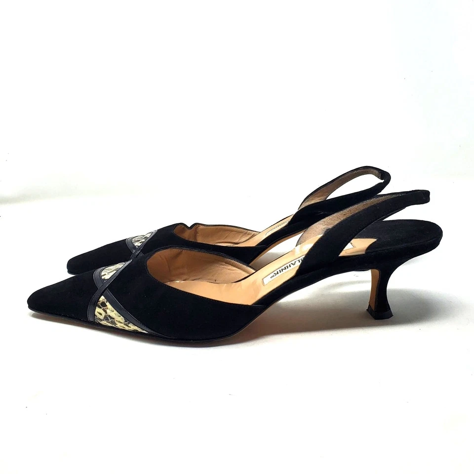 Tacón de gatito vintage Manolo Blahnik de gamuza punta puntiaguda negro talla 42 Foto 4 de 4