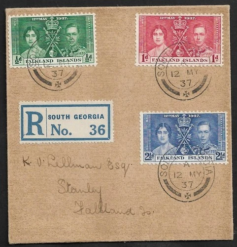 FALKLAND IS. SOUTH GEORGIA CORONATION ISSUES ON REGD. FIRST DAY COVER 1937