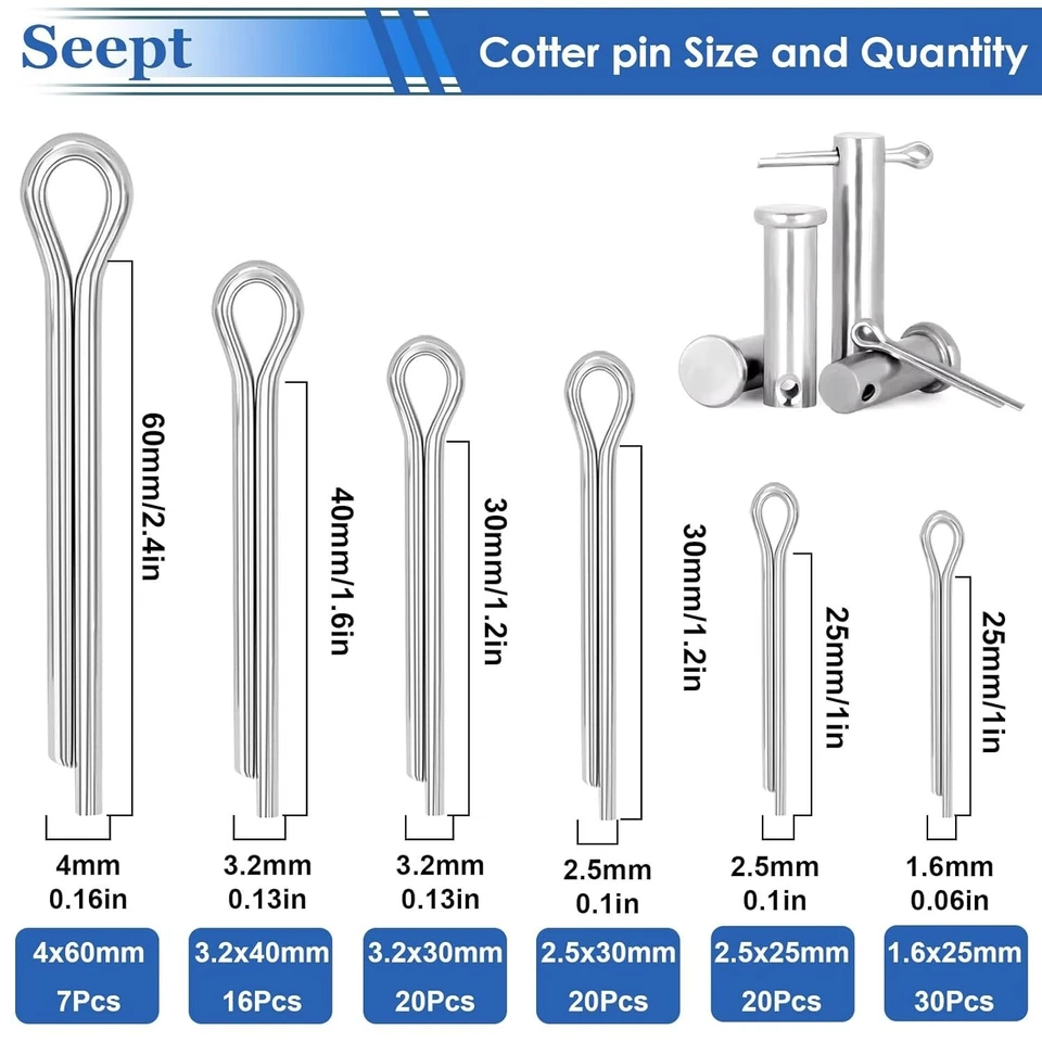 200 peças kit sortido de pinos de contrapino 304 aço inoxidável pino de engate clipe trator nós - Imagem 2 de 4