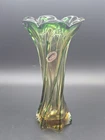 Vintage Murano Glass Jordans Import Co. Green Amber Swirl Vase