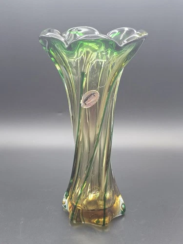 Vintage Murano Glass Jordans Import Co. Green Amber Swirl Vase