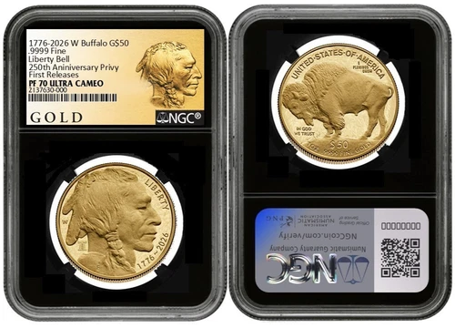 Pre 2026 W Gold Buffalo Bell Privy G$50 NGC PF70 UC First Releases W/OGP #549B