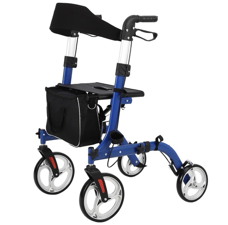 Blue Aluminum 4 Wheel Rollator Walker Seat Hand Brakes Bag, 330 lb Cap
