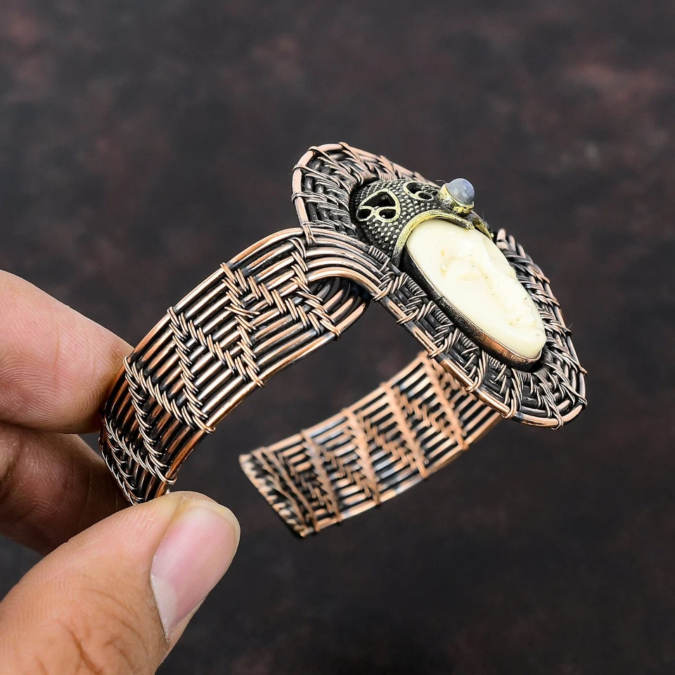 Bracelete ajustável com fio para presente cobre branco pedra esculpida - Imagem 4 de 4