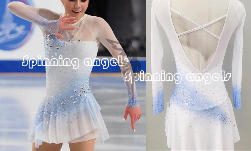 blue and white figure skating dress Girl Competition Ice Skating Dress Costume dyeing Size:Y/10 Italian fabric Style size:L/XL Alice Blue Lace Paneled