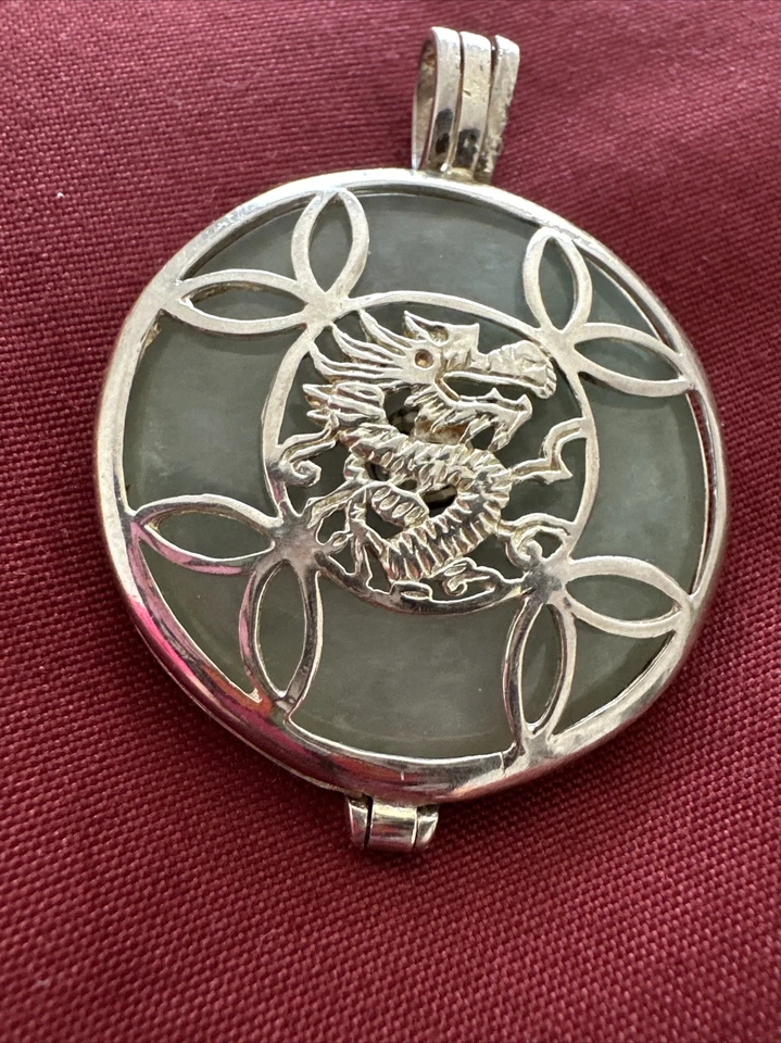 925 Sterling Silver Jadeite Jade Dragon Pendant China Vintage! - Image 4 of 4