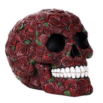 PT Red Rose Hand Painted Resin Decorative Skull w/ Rose Design Figure