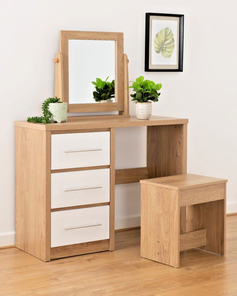 Seville 4 Drawer Dressing Table Set White Gloss Light Oak  with Stool and Mirror