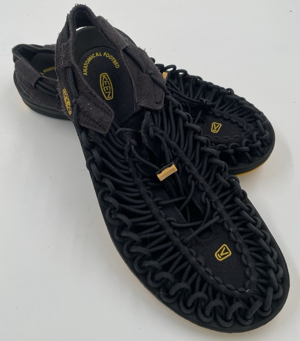 Scarpe sandalo Keen UNEEK due corde uomo taglia 10 nero su nero con dettagli gialli