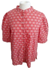 LOFT Shirt Button blouse Peach Geo Print Puff Sleeve Short Sleeve L/LARGE