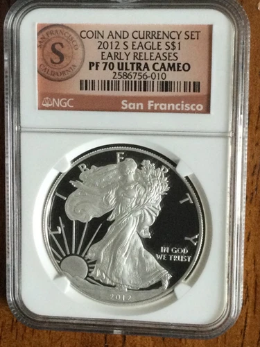 2012 S AMERICAN SILVER EAGLE NGC PF70 EARLY RELEASES “COIN AND CURRENCY SET”