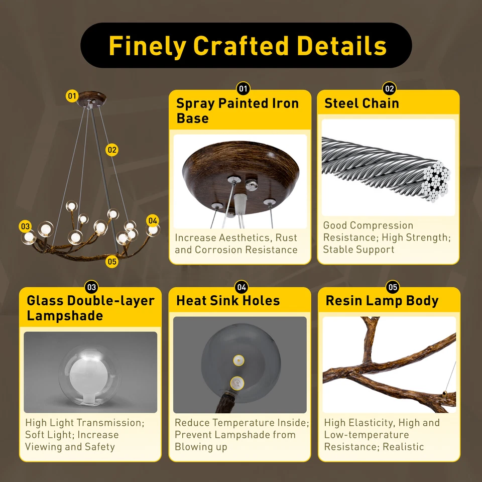 36W Wood Branch Chandelier Glass Bubble LED Pendant Ceiling Light Hanging Lamp - Image 4 of 4