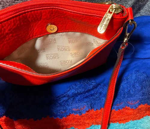 Michael Kors Jet Set Orange Pebble Leather Credit Card Double Zip Snap Crossbody - Picture 5 of 14