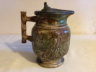 Ausgefallener antiker Keramikkrug Ende um 19 mit Zinndeckel Adler/Vogel Dekoration 