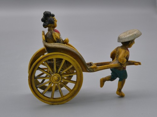 Vintage Celluloid Rickshaw Running Man Pulling Geisha Lady Moving Wheels 2.75" - Picture 7 of 11