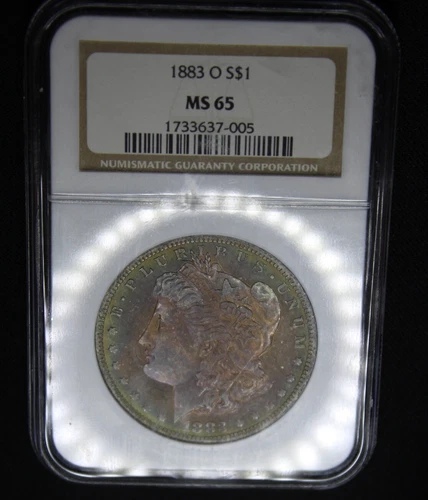 1883 O MS65 Morgan Silver Dollar Graded NGC Rainbow Color Toned Certified Coin