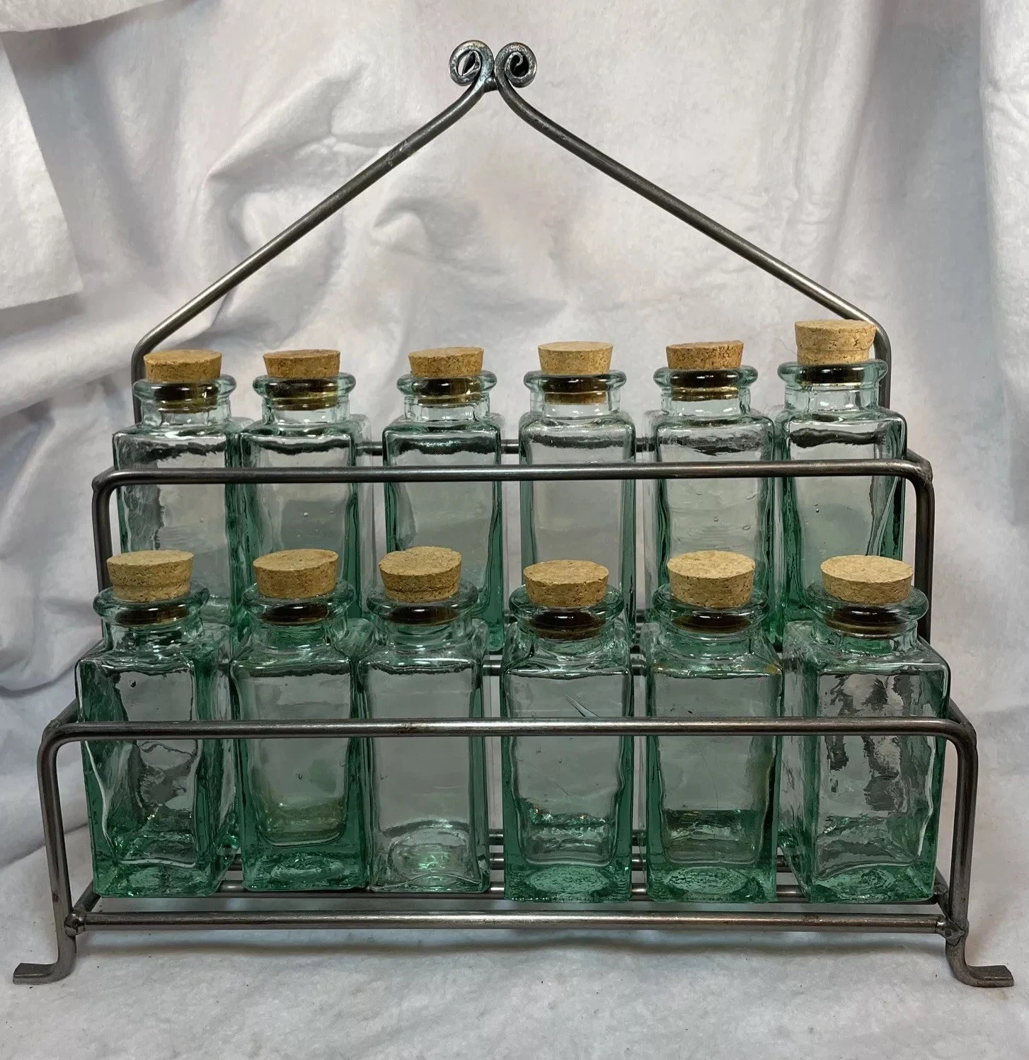 Wrought Iron Spice Rack 12 Green Glass Bottles w/cork stops Wall Mounted