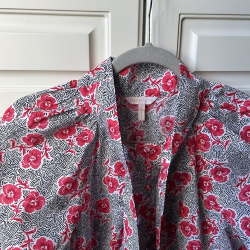 Rebecca Taylor Coral Black Floral Neck Tie Top Puff Sleeve Stretch Blouse Top 8 - Picture 10 of 16