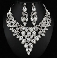Elegant White Austrian Crystal Rhinestone Necklace Earring Set Prom N893s Silver