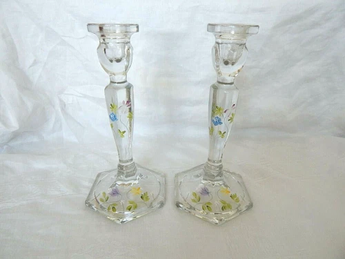 FENTON CLEAR GLASS HAND PAINTED FLORAL CANDLESTICK HOLDERS SIGNED K LAUDERMAN