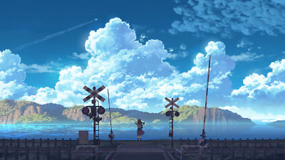 Anime Sky Clouds People Railway Railway Crossing  Gaming Mat Desk 10409