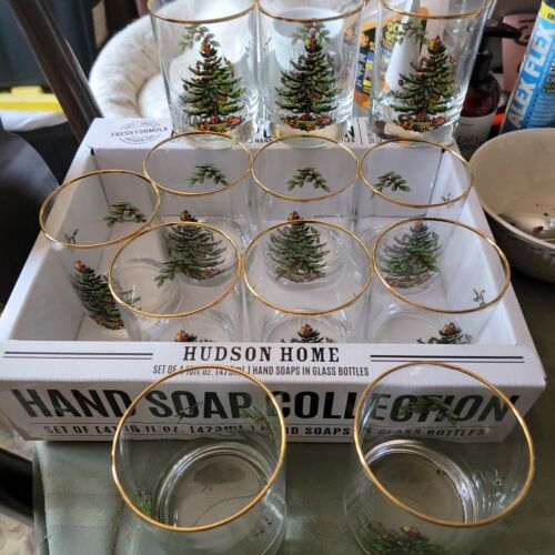 Vintage Set of 12 Spode Christmas Tree Old Fashioned Glasses Gold Trim