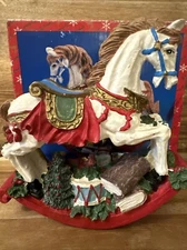 Vintage Artmark Christmas Rocking Horse Holly Tree Cold Cast Large Figure W/ Box