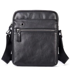 Mens Black Leather Crossbody Bag Small Shoulder Messenger Bag Cowhide Travel