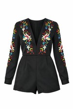 Emily Deep Plunge Embroidered Playsuit Black Size 8 BNWT