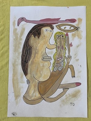 THORNTON DIAL drawing and painting on old paper signed stamped vintage