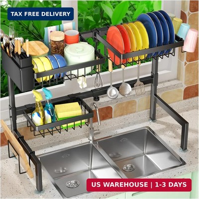 2 Tier Over Sink Dish Drying Rack Adjustable Kitchen Organizer 26-35in Steel!