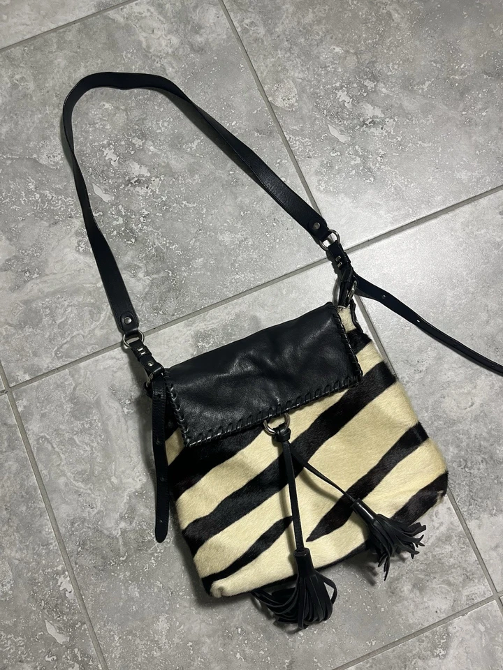 Cavalcanti Italy Leather Shoulder Strap Bag Crossbody Cow Fur Hobo Black Cream - Image 2 of 4