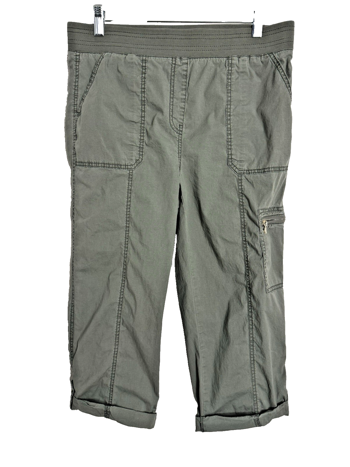 Chico’s Cargo Crop Pants 1 Olive Green Elastic Waist Roll Tab Pockets
