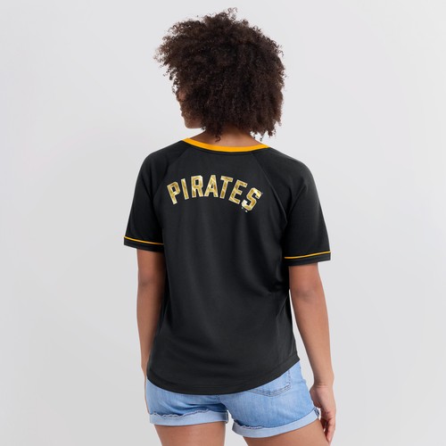 Women's Fanatics Black Pittsburgh Pirates League Diva Star Raglan V-Neck T-Shirt - Imagen 5 de 5