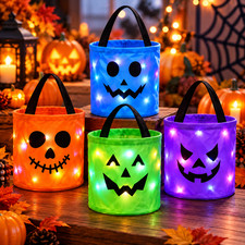 LED Light Up Halloween Pumpkin Candy Bag Trick or Treat Fabric Bucket