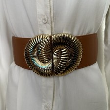 Brown PU leather elastic waistband belt with gold tone buckle