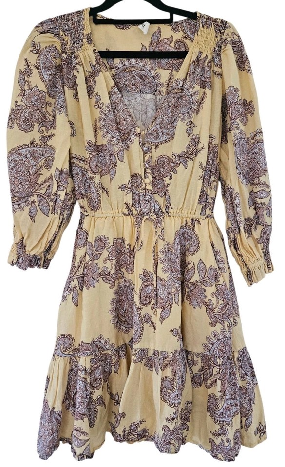 Kivari Yellow Paisley Mini Dress Women's Size 8 Waist Tie Button Front Boho 
