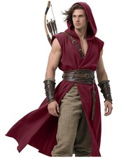 L'VOW Men's Medieval Hooded Surcoat Renaissance Tabard Tunic Cloak Burgundy