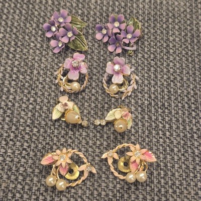 Lot Of 4 Pairs Vintage Floral Clip-On Earrings Enamel & Crystal Marked Austria 
