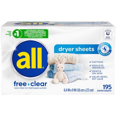 Fabric Softener Dryer Sheets for Sensitive Skin, Free Clear, 195 Count