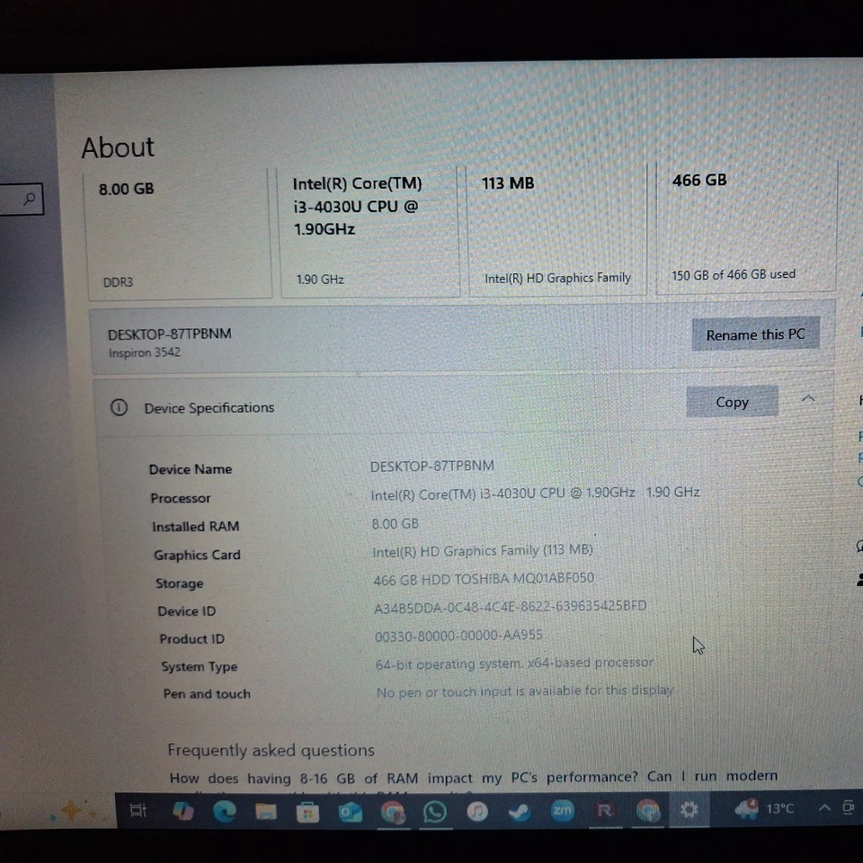 Dell Inspirion 15-3542  i3-4035U 8GB 466GB SSD Windows 10 Pro - Image 3 of 4