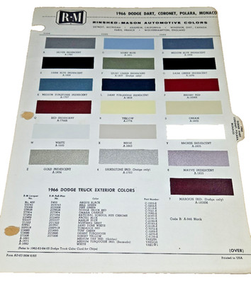 1966 DODGE paint chips DART CORONET POLARA MONACO RM color codes OEM chip