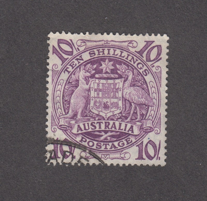 Australia 1949. 10sh. Coat of Arms, Kangaroo, Emu. Sc# 219. Used.