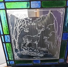 Stained Glass With Doe  Faw Etched Hanging Window Panel Sun Catcher 13x12